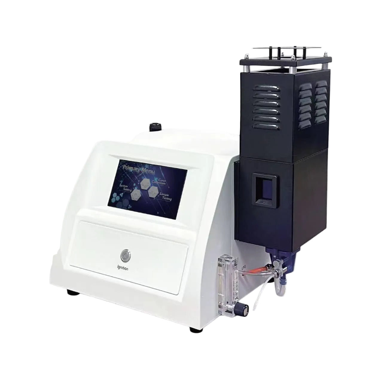 FP series multi-element flame photometer with 7-inch touch screen and burner system for accurate determination of potassium, sodium, calcium, barium, and lithium in laboratory analysis.