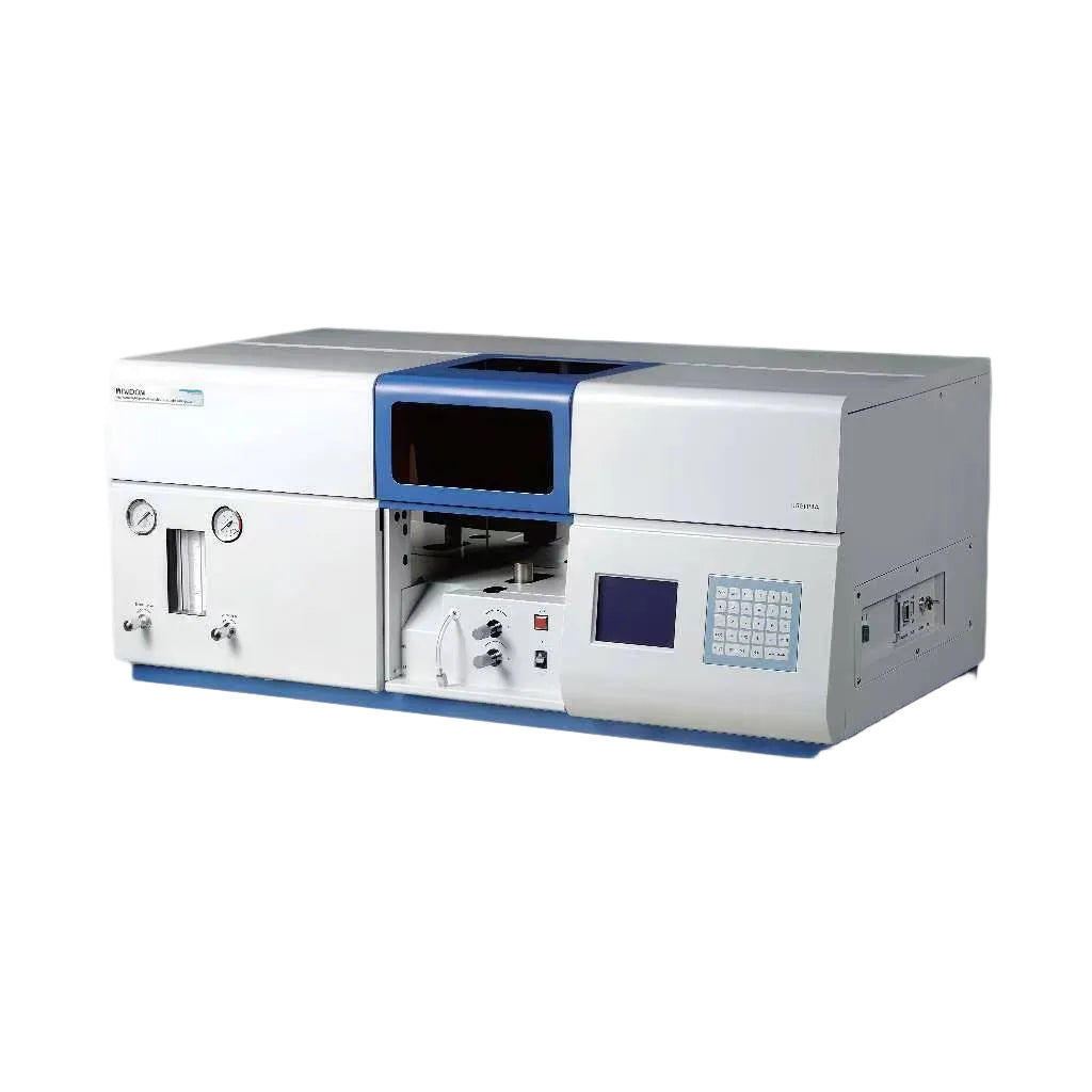 AA320N series atomic absorption spectrophotometer with flame and graphite furnace options – showing double beam optical system, titanium burner, and accessories for trace element analysis. For research use only.