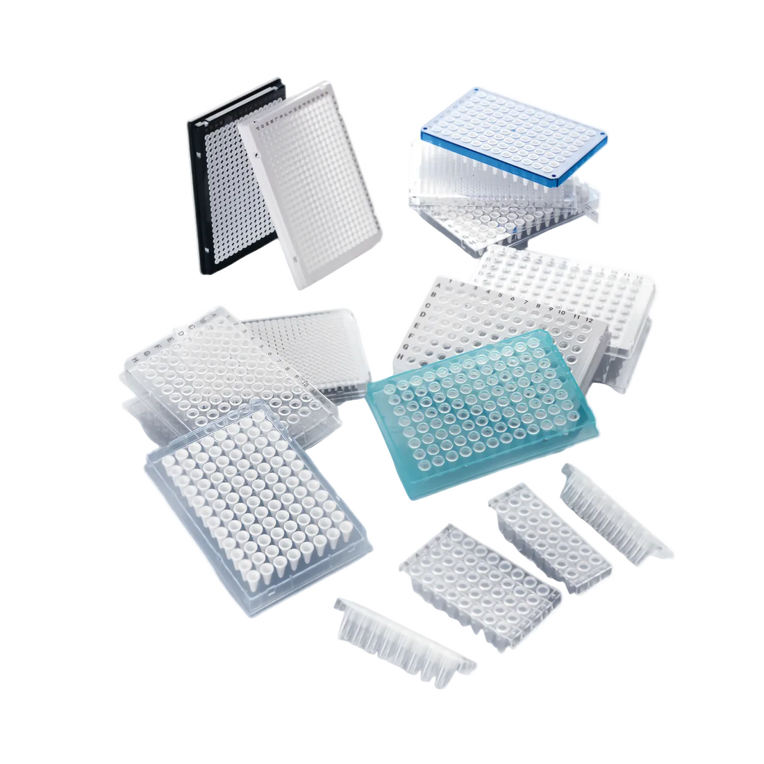 Comparison of non-skirted, semi-skirted, and fully skirted PCR plates – showing structural differences for thermal cycler compatibility and automated liquid handling applications. For research use only.