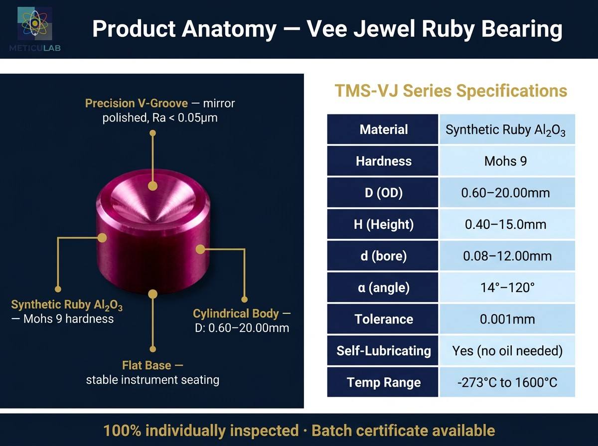 METICULAB™ Precision Vee Jewel Bearing | Synthetic Ruby Sapphire Cone Pivot | OD 0.60-20.00mm