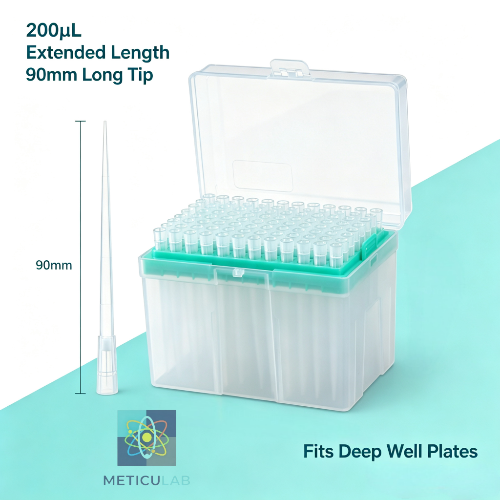 METICULAB™ 200μL Extra-Long Filter Pipette Tips | 90mm Design for Deep-Well Plates - Sterile, Low Retention