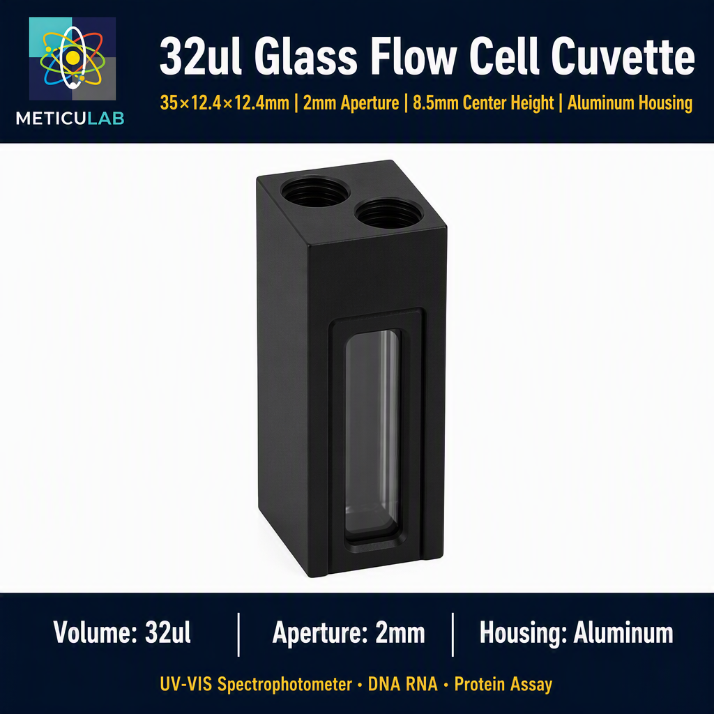 METICULAB™ 32μL Glass Flow Cell Cuvette | 35x12.4x12.4mm | 2mm Aperture | Aluminum Housing
