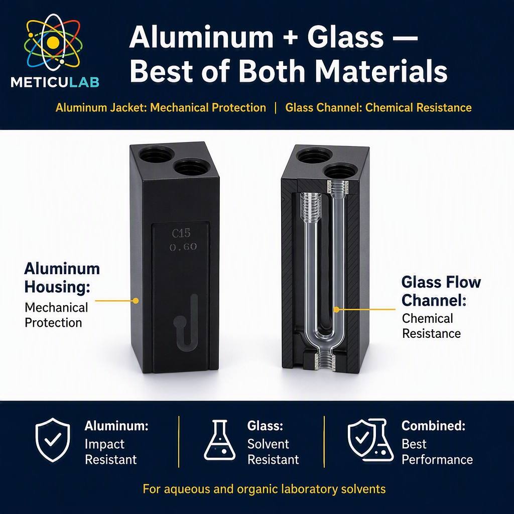 METICULAB™ 32μL Glass Flow Cell Cuvette | 35x12.4x12.4mm | 2mm Aperture | Aluminum Housing