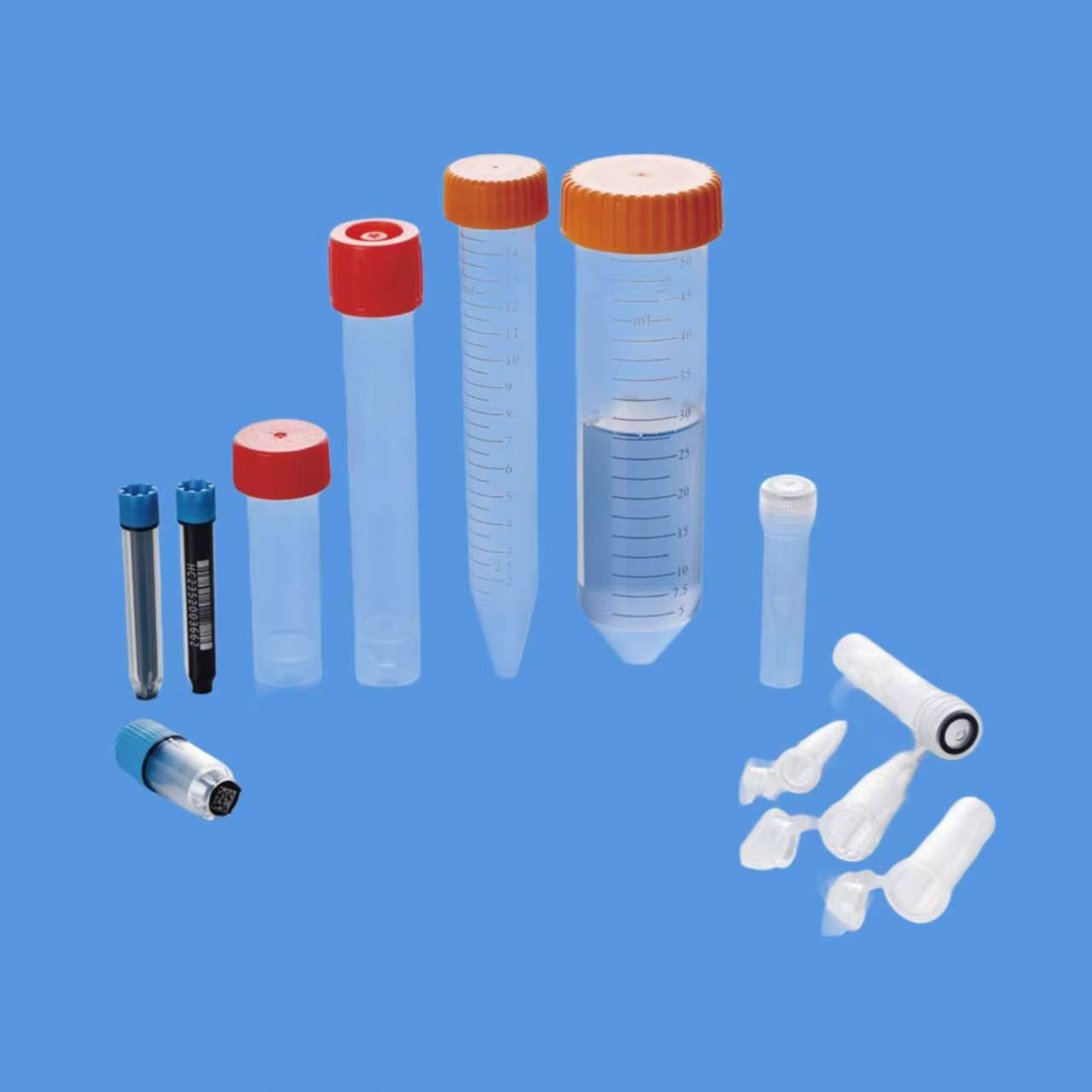 Cryogenic vials and centrifuge tubes displayed on blue background, available in multiple capacities