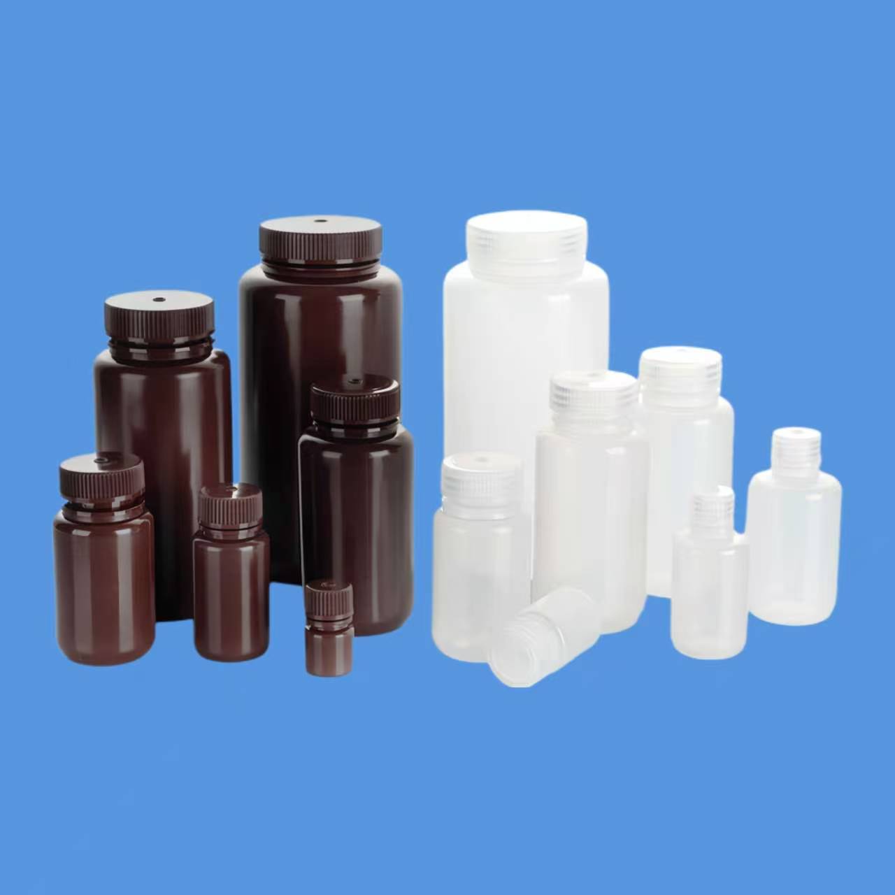 HDPE and PP reagent bottles available in multiple capacities for lab use