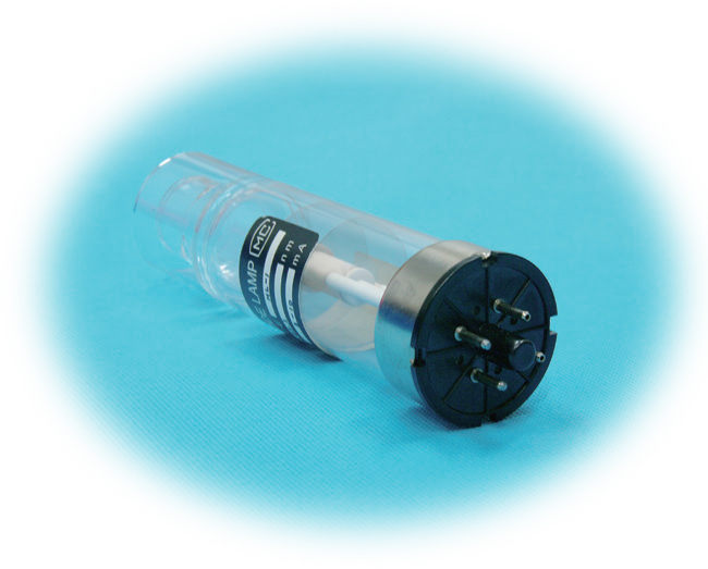Hollow cathode lamp used as a stable light source for atomic absorption spectrophotometry in trace element analysis.