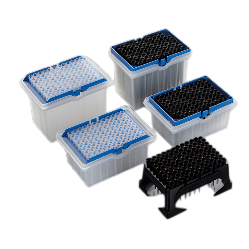 Meticulab filtered racked pipette tips compatible with Hamilton STAR, STAR V, NIMBUS, VANTAGE, and Prep, sterile and stackable for high-throughput lab automation