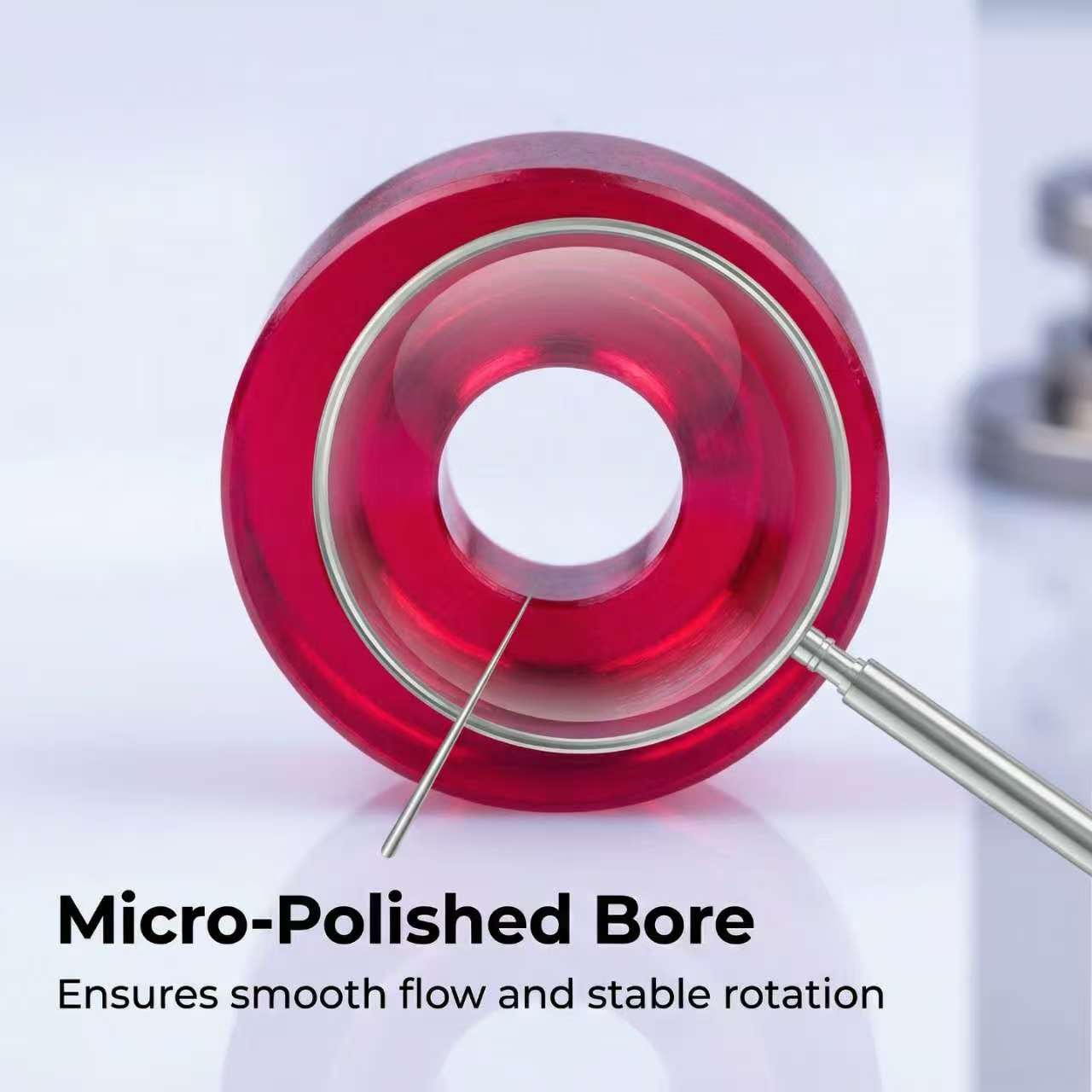 Micro-polished bore of ruby bearing ensures smooth flow and stable rotation