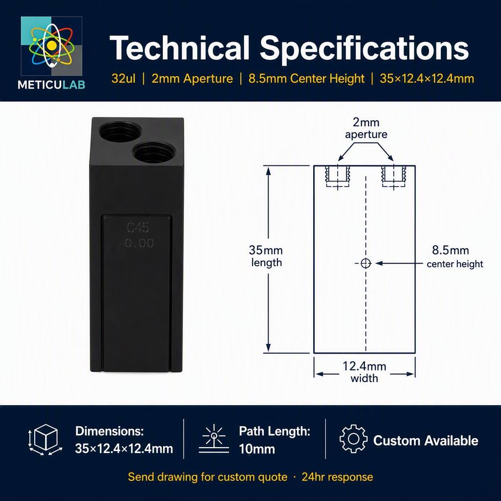 METICULAB™ 32μL Glass Flow Cell Cuvette | 35x12.4x12.4mm | 2mm Aperture | Aluminum Housing