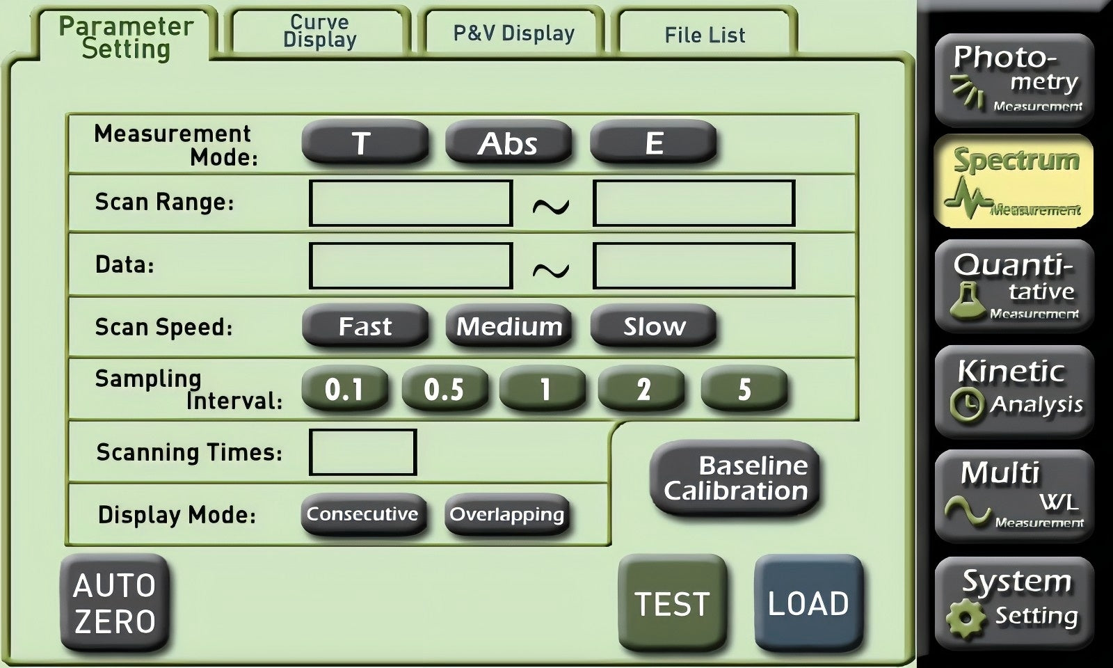 Touchscreen user interface displaying measurement and calibration functions of the UV-Vis spectrophotometer.